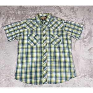 Wrangler Mens Western Cowboy Shirt Green Plaid Short Sleeve Pocket Pearl Snap L